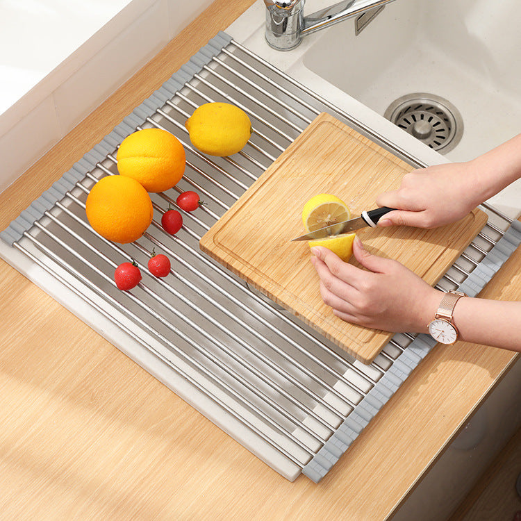 Roll Up Dish Drying Rack Adjustable, Foldable Drying Rack Over The Sink for Kitchen, Silicone and Stainless Steel Dish Rack