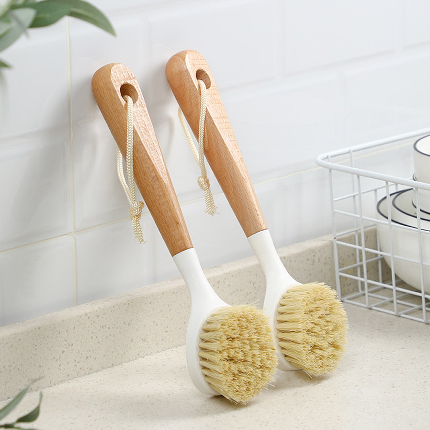 Dish Brush Set with Bamboo Handle, Kitchen Brushes for Cleaning Pot, Sink and Stove, Skillet Scrubber with Tough Bristles