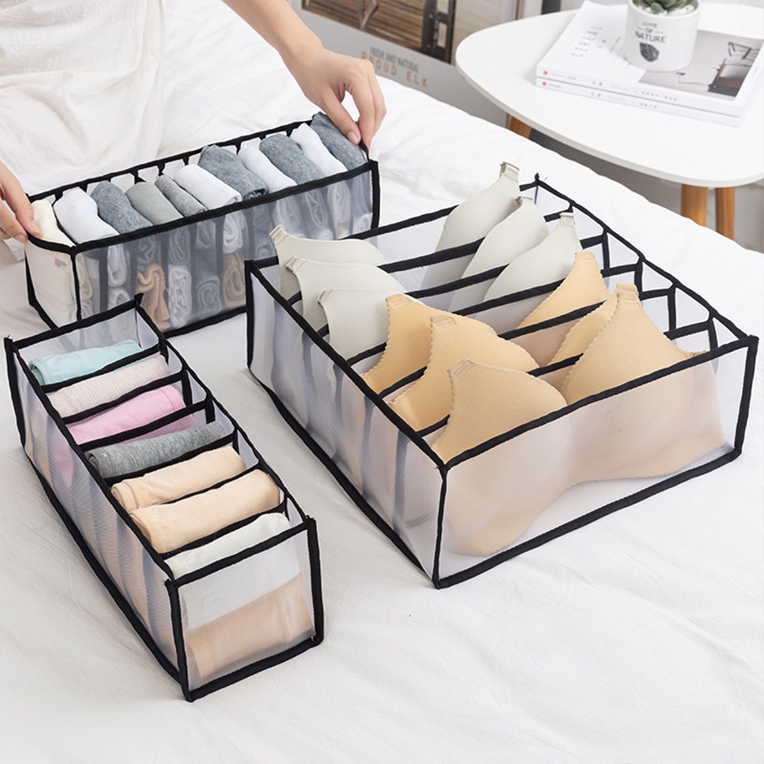 Closet Organizer with Mesh Pockets & Rotating Metal Hanger, Oxford Cloth Space Saver Bag for Bra Underwear