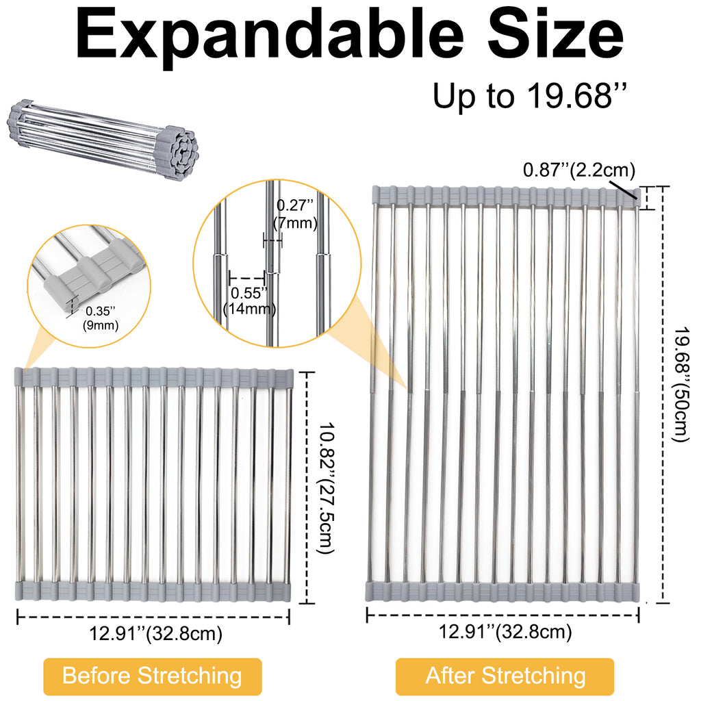 Roll Up Dish Drying Rack Adjustable, Foldable Drying Rack Over The Sink for Kitchen, Silicone and Stainless Steel Dish Rack