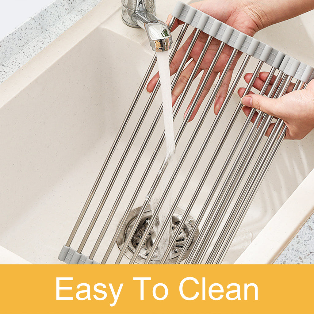 Roll Up Dish Drying Rack Adjustable, Foldable Drying Rack Over The Sink for Kitchen, Silicone and Stainless Steel Dish Rack